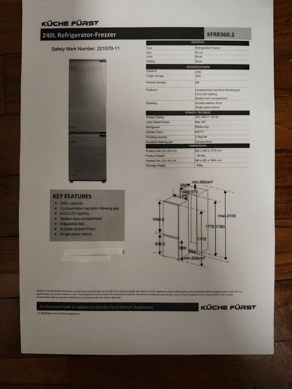 Küche Fürst KFRB360.2 – 240L Built-In Fridge Freezer with Eco LED