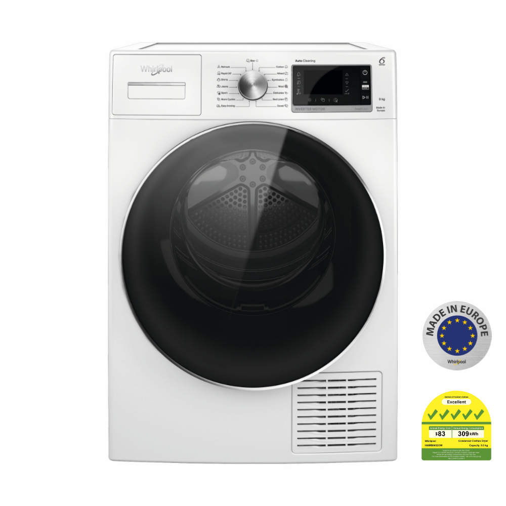 Whirlpool HWMB9002GW Freshcare+9kg Auto Clean Heat Pump Dryer