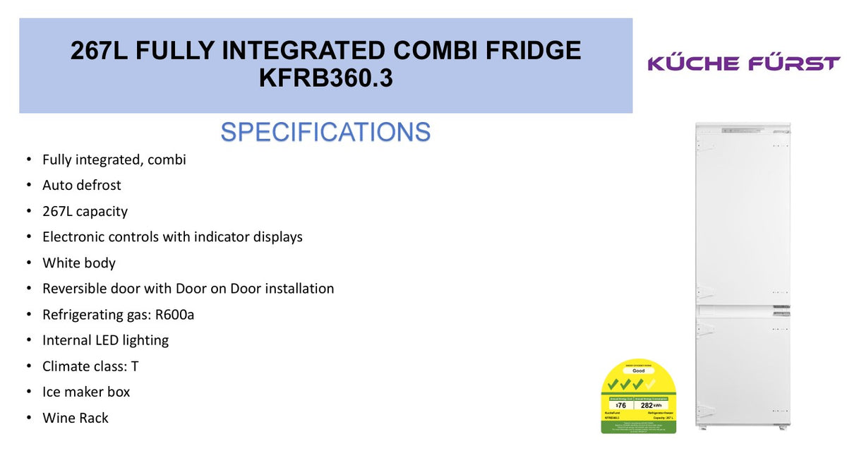 [3 Ticks] Küche Fürst KFRB360.3 – 240L Built-In Fridge Freezer with Eco LED