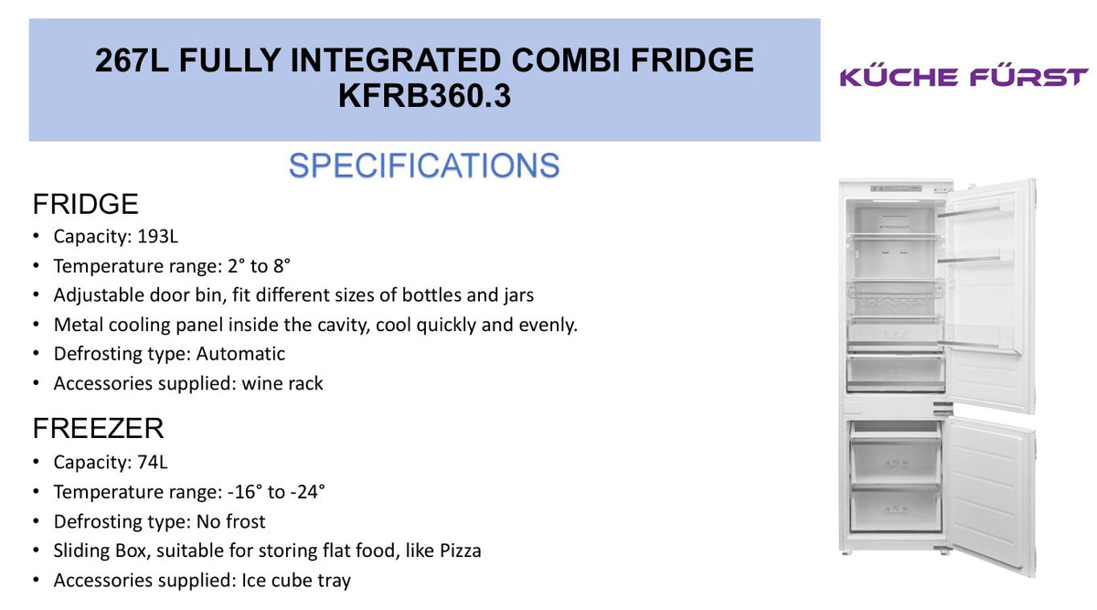 [3 Ticks] Küche Fürst KFRB360.3 – 240L Built-In Fridge Freezer with Eco LED
