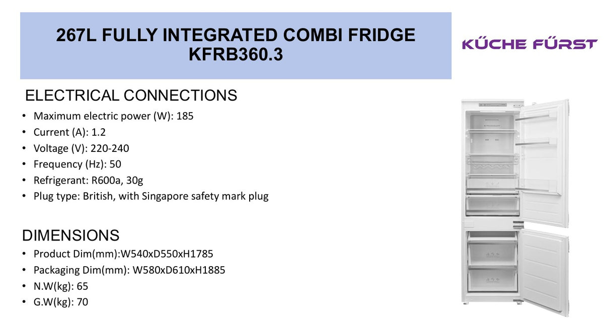 [3 Ticks] Küche Fürst KFRB360.3 – 240L Built-In Fridge Freezer with Eco LED