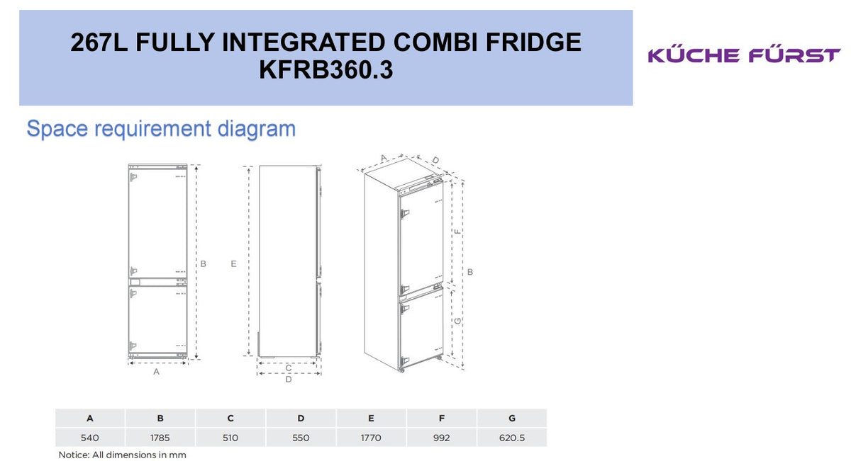 [3 Ticks] Küche Fürst KFRB360.3 – 240L Built-In Fridge Freezer with Eco LED