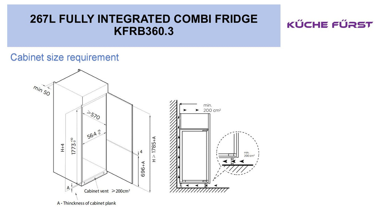 [3 Ticks] Küche Fürst KFRB360.3 – 240L Built-In Fridge Freezer with Eco LED