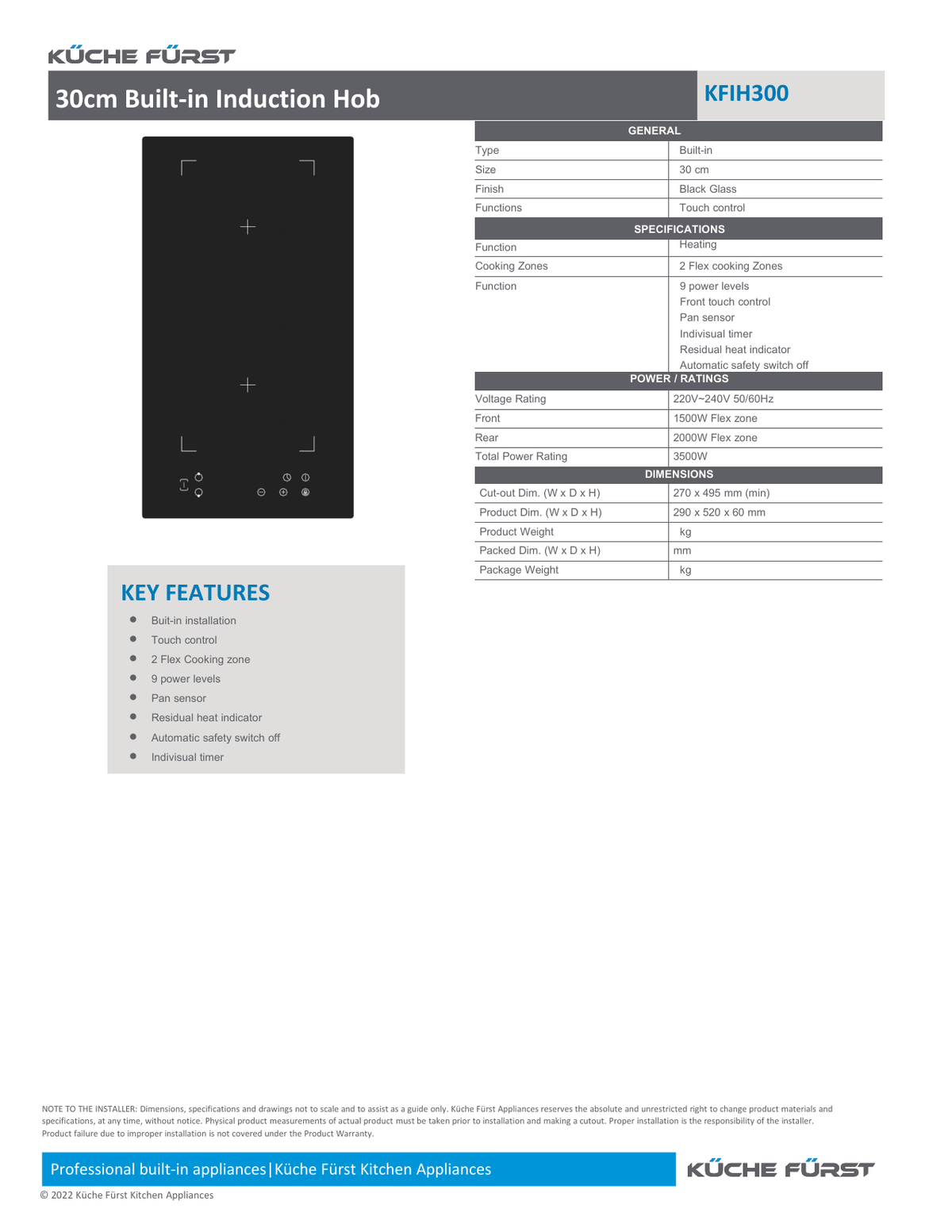 Küche Fürst KFIH300 30cm Built-in Induction Hob